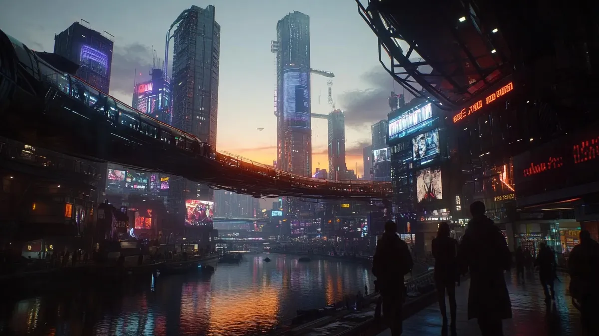 Futuristické město s vysokými budovami a světelnými nápisy při západu slunce
