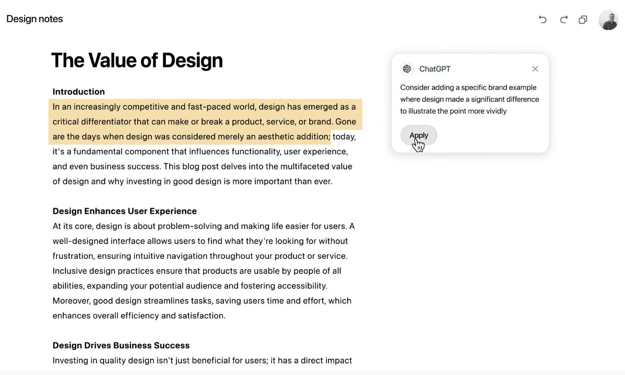 Screenshot poznámek o designu s textem "The Value of Design", včetně návrhu od ChatGPT pro lepší ilustraci bodu pomocí příkladu.