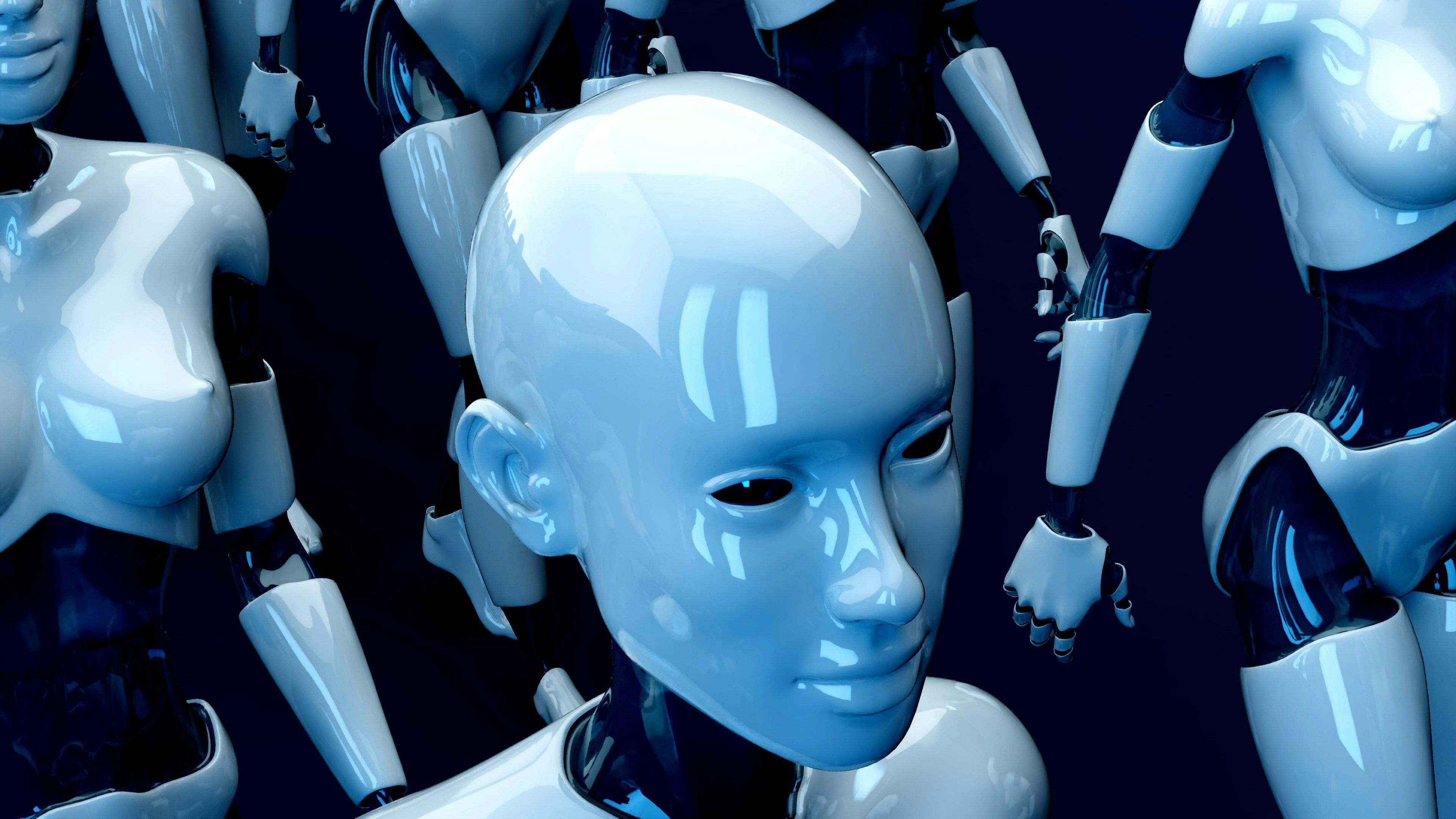 Skupina robotických hlav znázorňujících umělou inteligenci, moderní technologie a pokročilou robotiku.