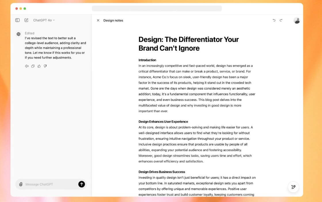 Screenshot poznámek o designu s textem "Design: The Differentiator Your Brand Can’t Ignore", obsahující návrh od ChatGPT k úpravám.